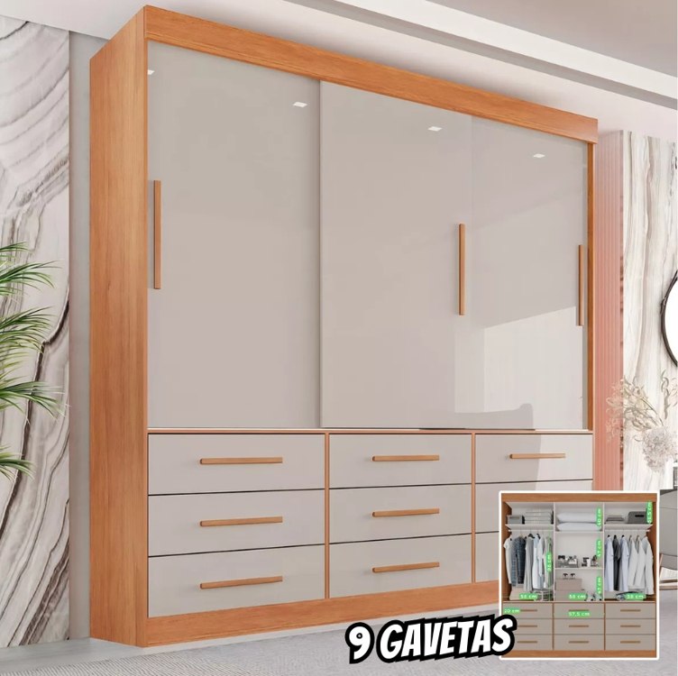 🤓Guarda Roupa Casal 3 Portas 9 Gavetas Luana Sallêto Móveis