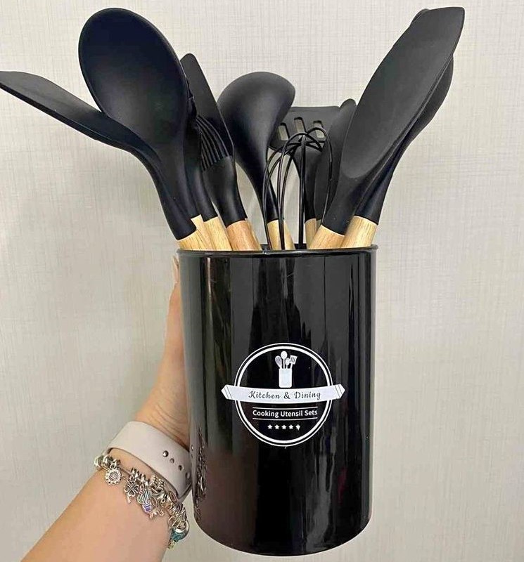 Kit 12 Premium Utensílios de Cozinha Silicone Cabo de Madeira Resistente ao Calor Antiader...