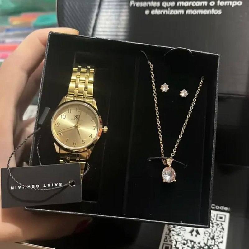 Kit Relógio Colar E Brincos Ponto De Luz Dourado Feminino Luxo Golden Saint Germain Presen...