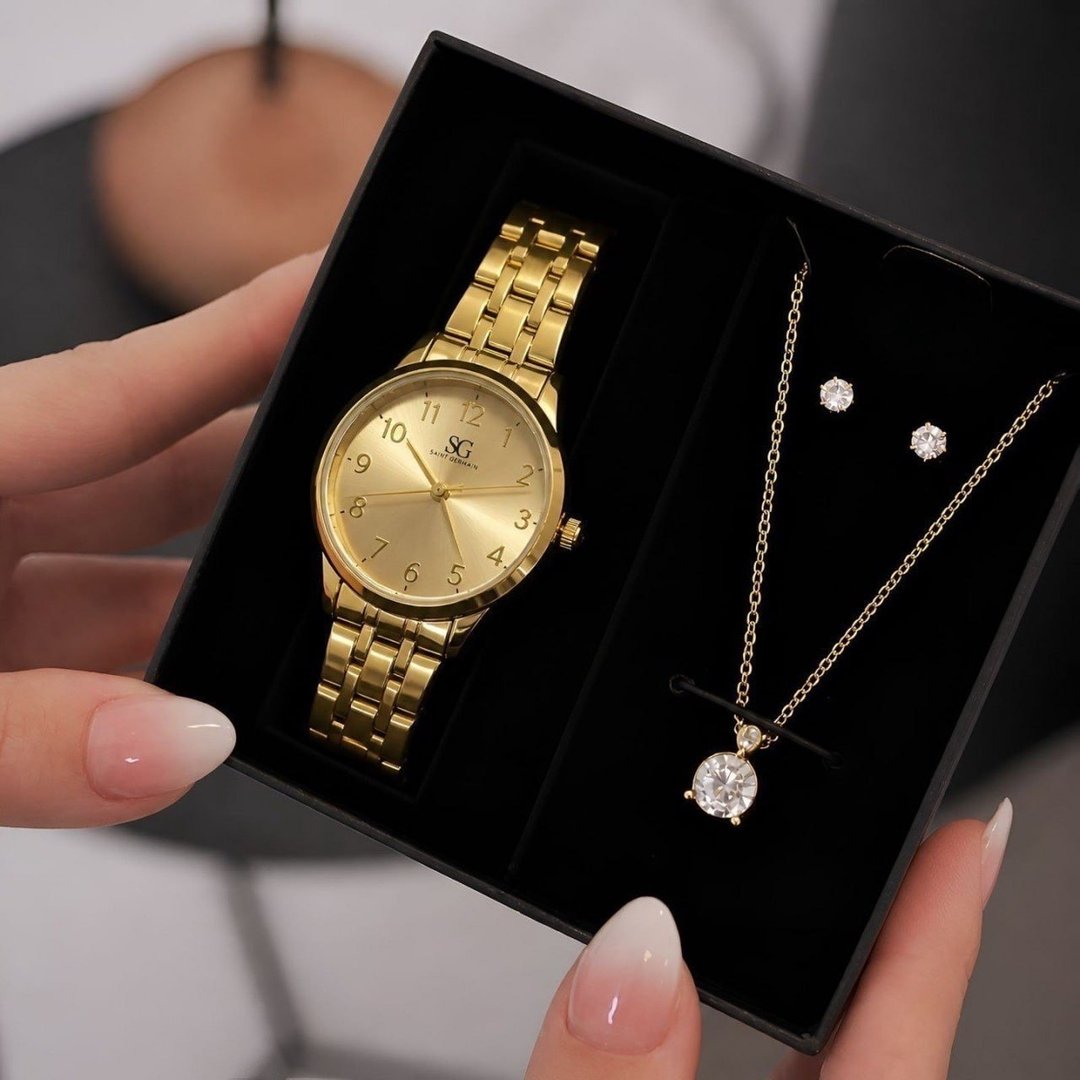 Kit Relógio Colar E Brincos Ponto De Luz Dourado Feminino Luxo Golden Saint Germain Presente Original Joias Elegante Clássico 28mm