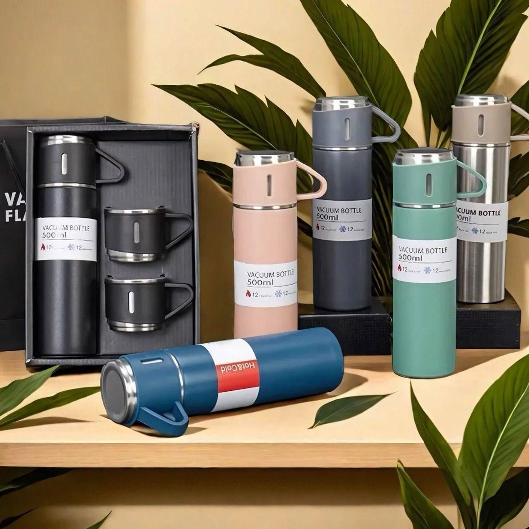 Caneca Kit Garrafa Térmica Vacuum Bottle Inox 500ml + 3 Xíca