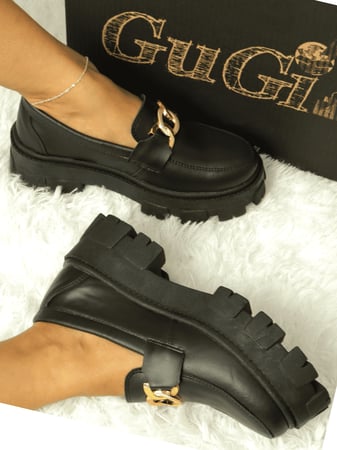 GuGi Mocassim Tratorado Blogueira Feminino Sapato Com Metal Dourado GuGi Com Solado Alto L...