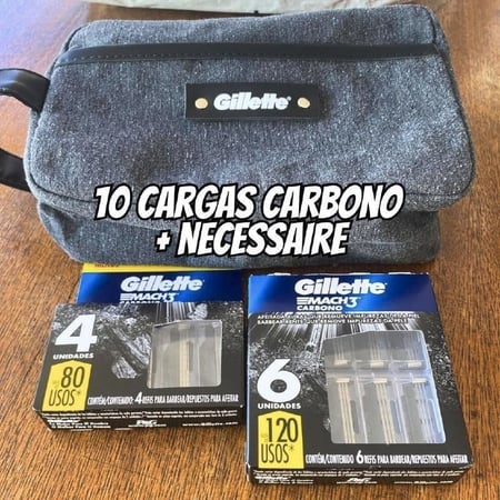 Kit Carga para Aparelho de Barbear Gillette Mach 3 Carbono 10 Unidades  com Necessaire