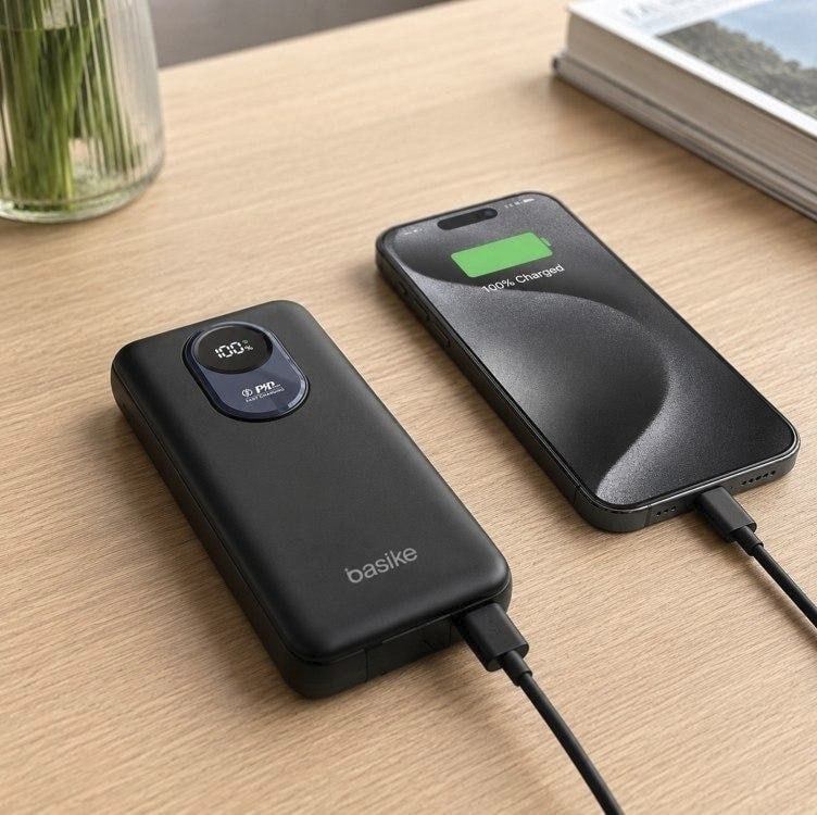 Basike Power Bank 20000mAh, Carregador Portátil, 2 Cabos Integrados (Preto)