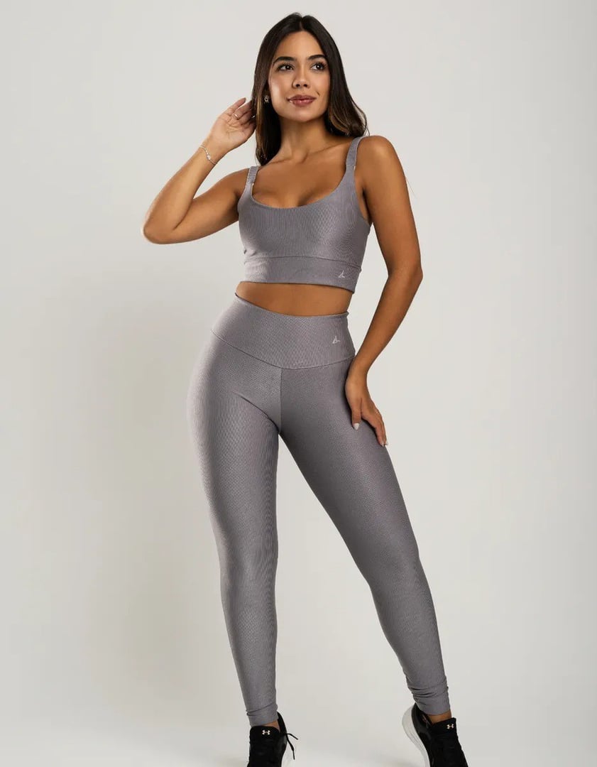 Conjunto Canelado Fitness Calça Cintura Alta Top Poliamida