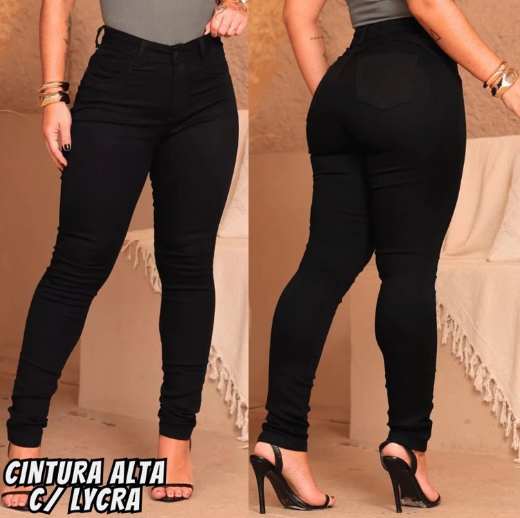Calça Preta Jeans Feminina Com Elastano Cintura Alta Skinny