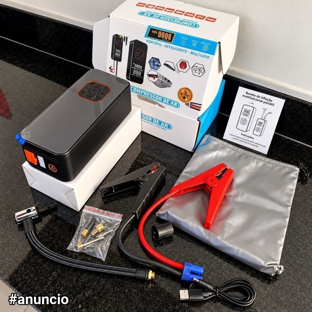 Auxiliar De Partida Bateria Com Compressor De Ar 150 Psi Calibrador Digital De Pneu 12V 4 Em 1 Recarregável Bivolt Inflador Mangueira Para Carro Caminhonete SUV Pickup Emergência Automotiva MidiaFone