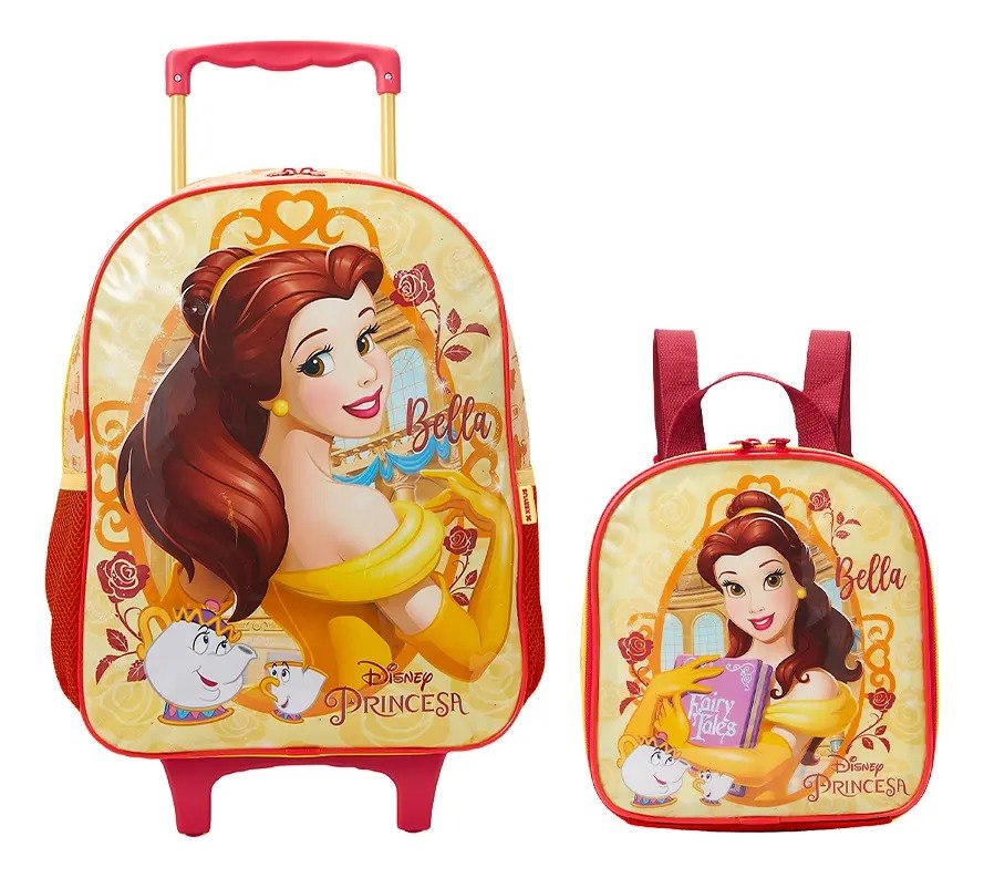 Kit escolar infantil da Bela, contendo uma mochila de rodinhas e uma lancheira temática na cor amarela.