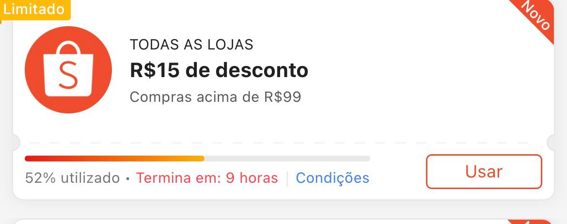 Cupom R$ 15 a partir de R$ 99 - Shopee