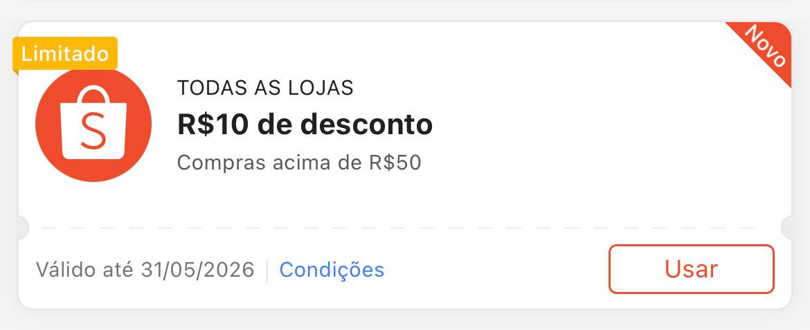 Cupom R$ 10 a partir de R$ 50 - Shopee