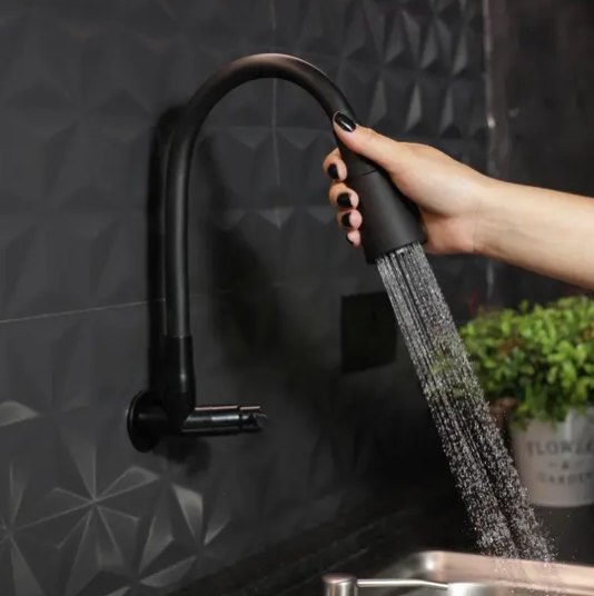 Torneira Gourmet Parede Cozinha Pia com Bica Flexível 2 Jatos Preta em ABS - Aromatec