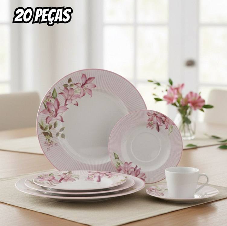 Aparelho Jantar Dominique Em Porcelana 20 Peças Tramontina Branco Com Rosa Florido
