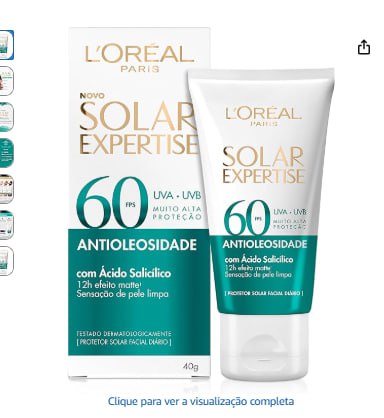 L'Oréal Paris Solar Expertise Protetor Solar Facial Antioleosidade FPS60 Efeito Matte com ...