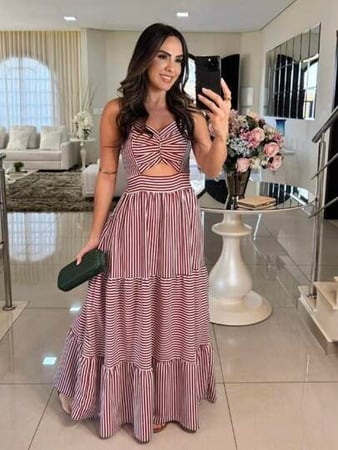 Vestido Longo Listrado de Alça Feminino