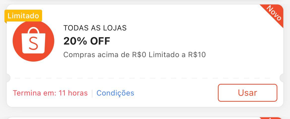Cupom 20% Limitado a R$ 10 - Shopee