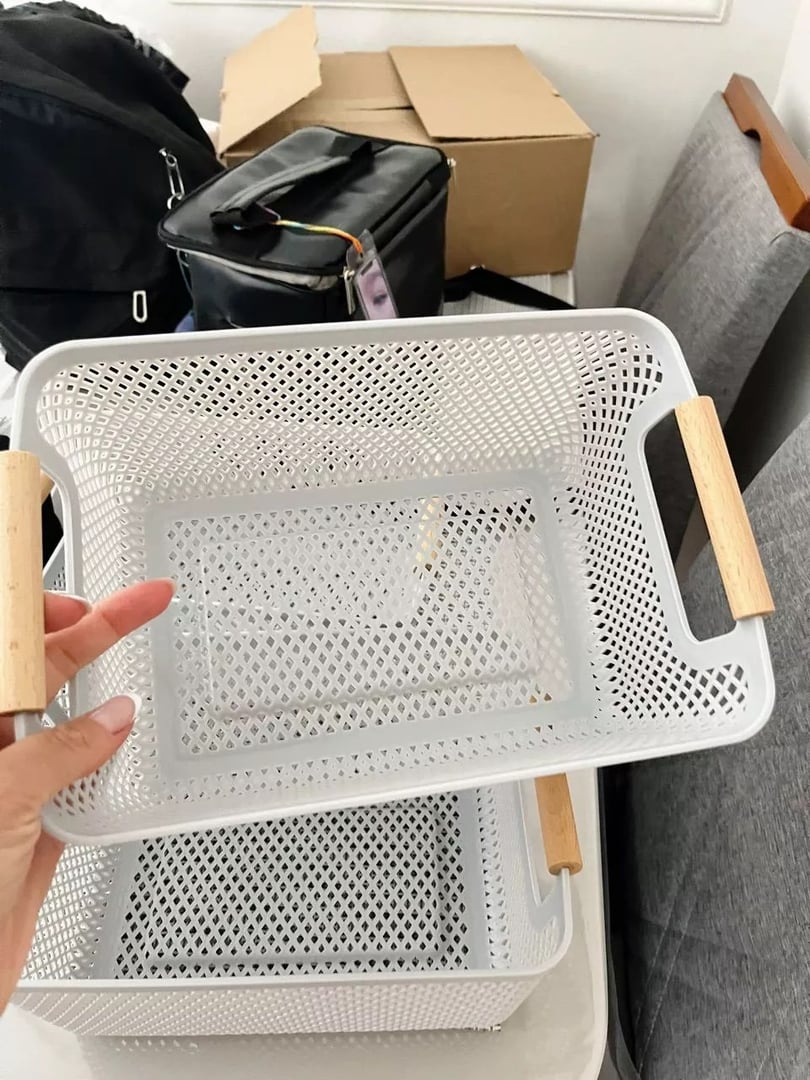 Cesto plástico Organizador Para Frutas Telado Retangular Fruteira Com Alça  Madeira multiu...