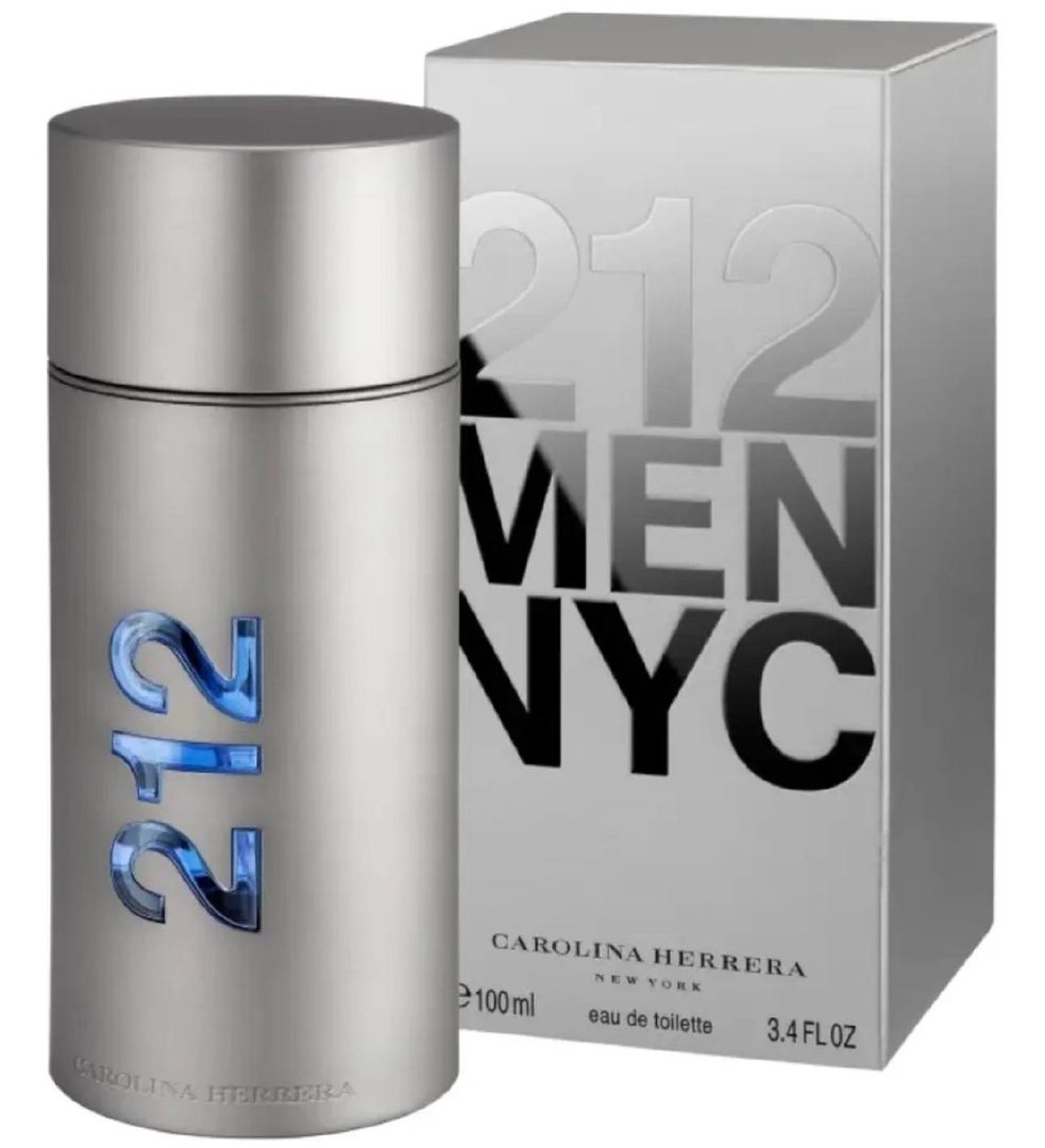 Frasco cilíndrico metálico do perfume 212 Men NYC ao lado de sua caixa prateada