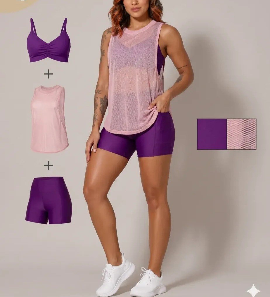 Kit 3 Conjunto Top Short-Regata Tule Academia Fitness Tam. M/G/GG - 6 cores