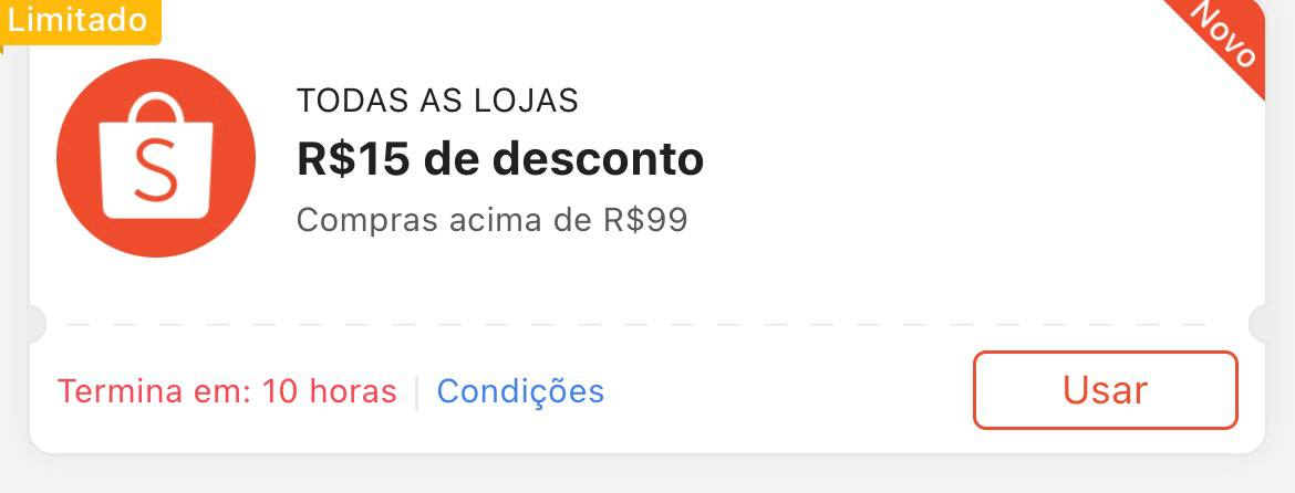 Cupom R$ 15 a partir de R$ 99 - Shopee