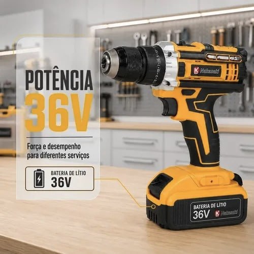 Parafusadeira E Furadeira Impacto 36v Com LED Sem Fio 13mm Nakasaki Maleta Acessórios Completo Amarelo Bivolt 50/60 Hz
