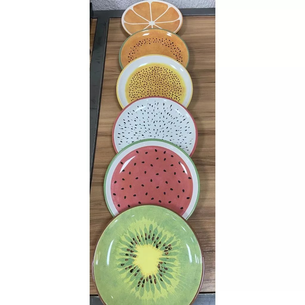 Kit com 6 Pratos de Sobremesas Salada de Frutas 21 cm Frutas coloridas Alleanza Ceramica