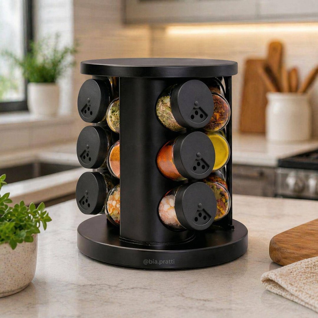 Porta Condimentos Temperos Giratório 9 Potes De Vidro  Preto