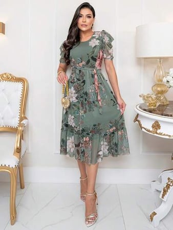 Vestido Feminino Midi de Tule Estampado Evangélico Plus Size