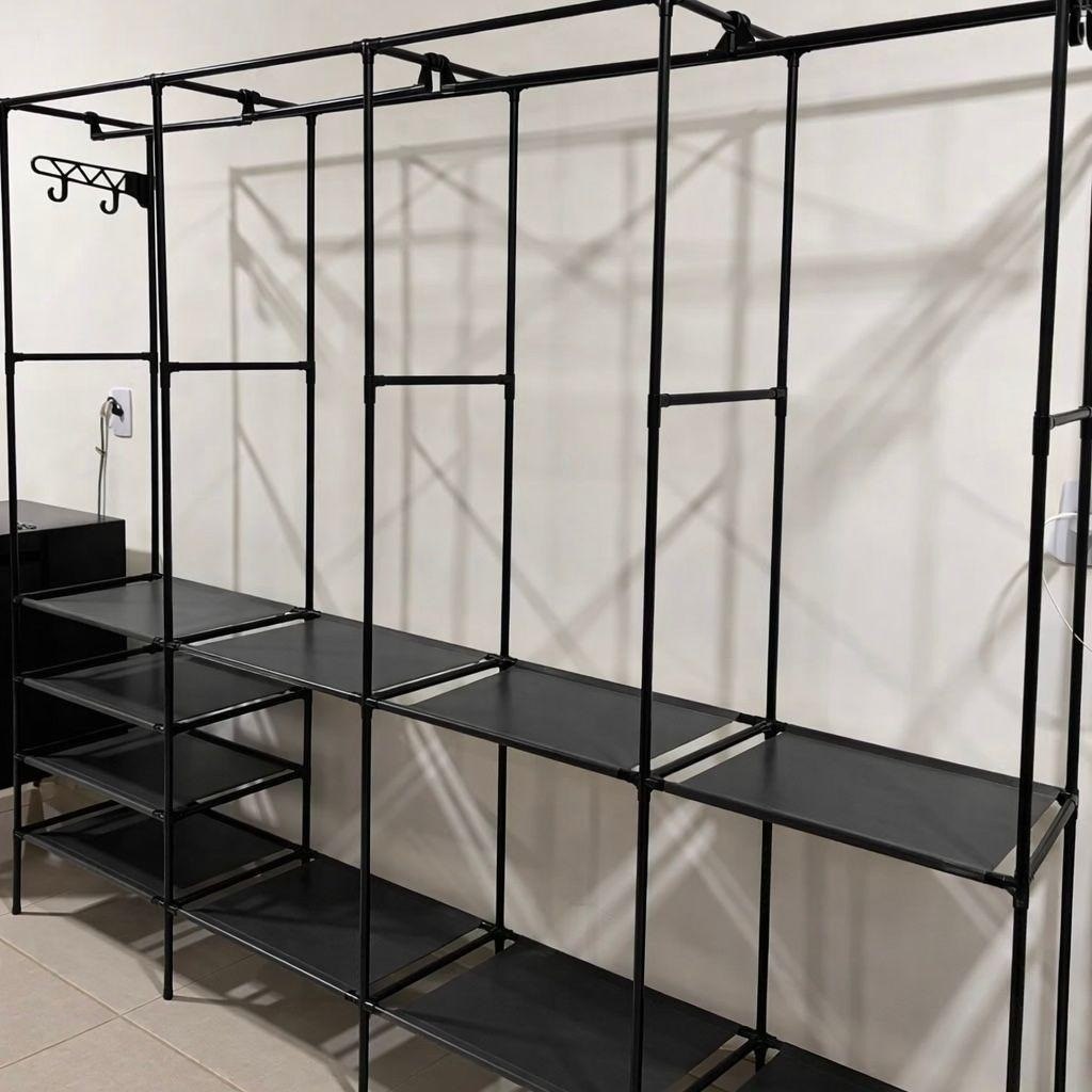 Arara Organizadora 4 Colunas Em Aço Resistente Guarda Roupa Dobrável Modular Cabideiro Clo...