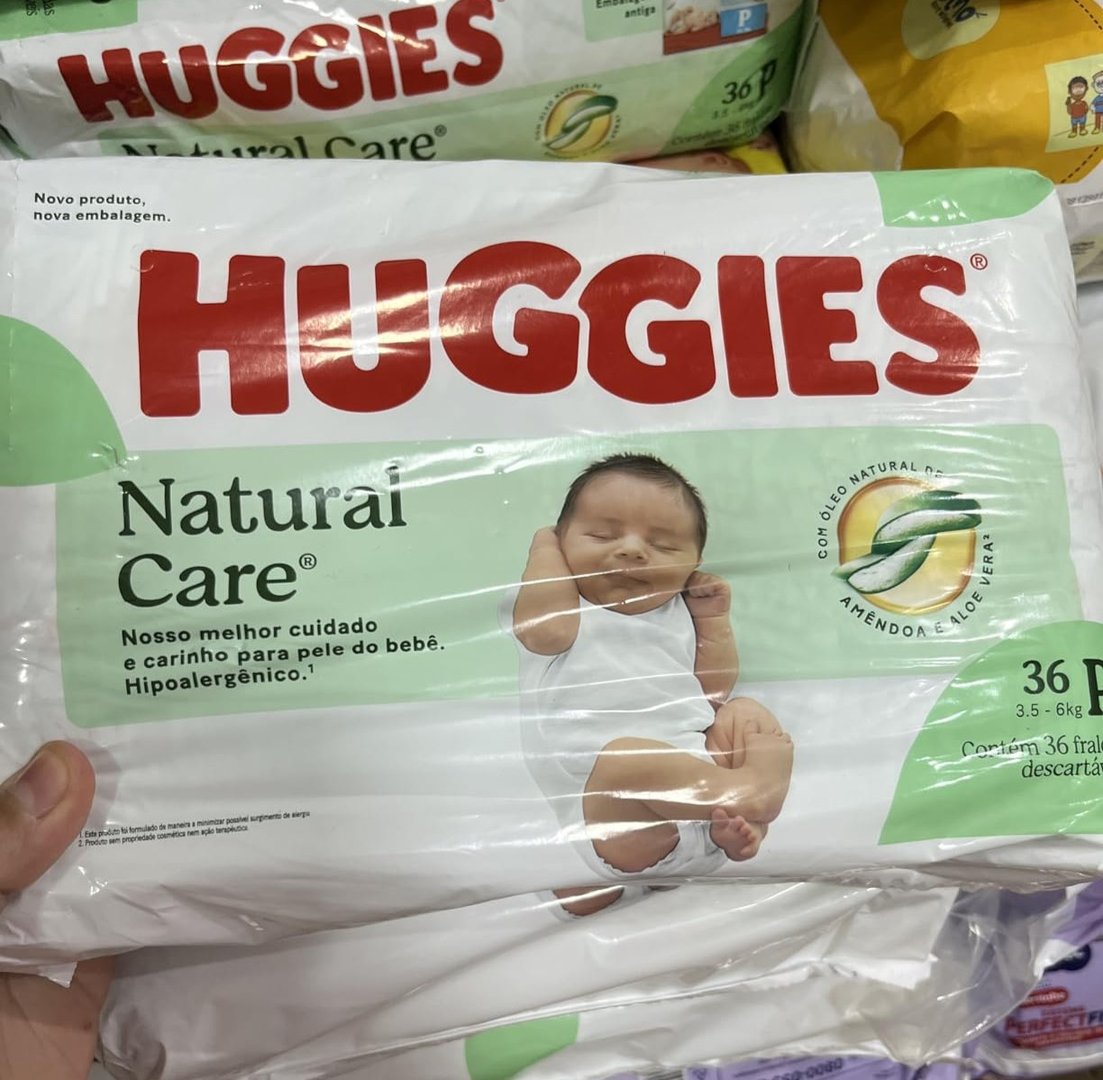 Pacote de Huggies Premium Natural Care c/ Fibras Naturais Hipoalergênico Tam. P - 36 Unida...