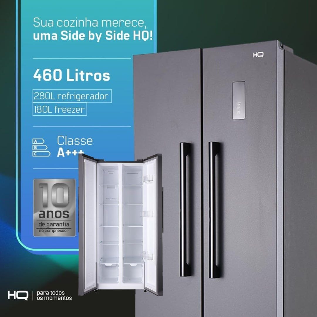Geladeira Refrigerador HQ Frost Free Side By Side 460 Litros Cinza HQ-460SBSFF