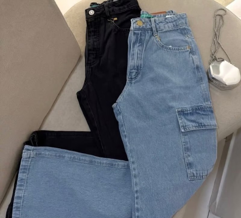 🤓Calça Cargo Feminina Wide Leg Cintura Alta Jeans Stillger