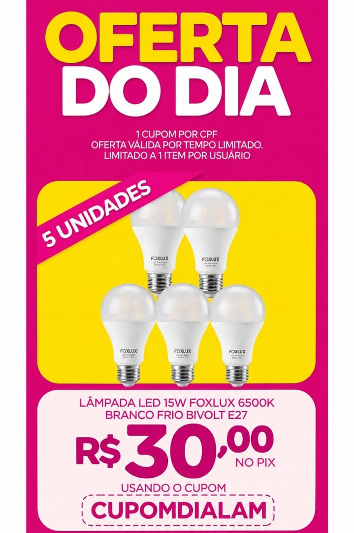 5 Lâmpada LED 15W Foxlux 6500K Branco Frio Bivolt E27