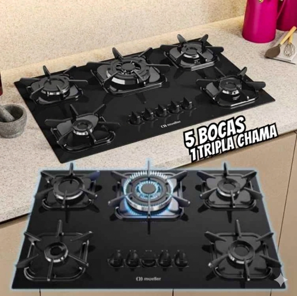 Cooktop Mueller 5 Bocas Preto Com Queimador Tripla Chama G5