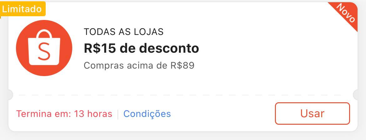 Cupom R$ 15 a partir de R$ 89 - Shopee