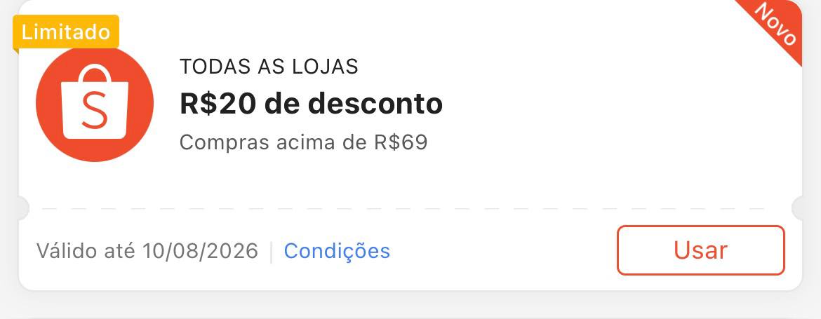 Cupom R$ 20 a partir de R$ 69 - Shopee