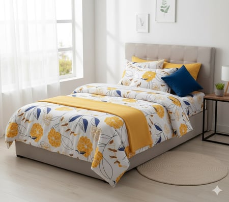 Lençol 400 Fios Solteiro 2 Peças Percal Toque Macio Cor Floral Amarelo Desenho Do Tecido E...