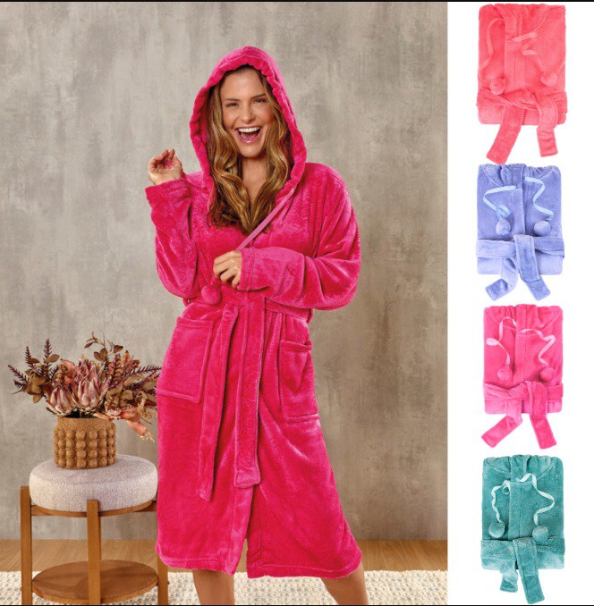 Roupão de Inverno de Microfibra Atlântica Pompom com Capuz e Manga Longa Tam. P/M/G/GG - 4...