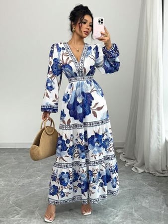 Elenzga Vestido Longo Casual de Férias para Mulheres com Estampa Floral Espalhada e Manga ...