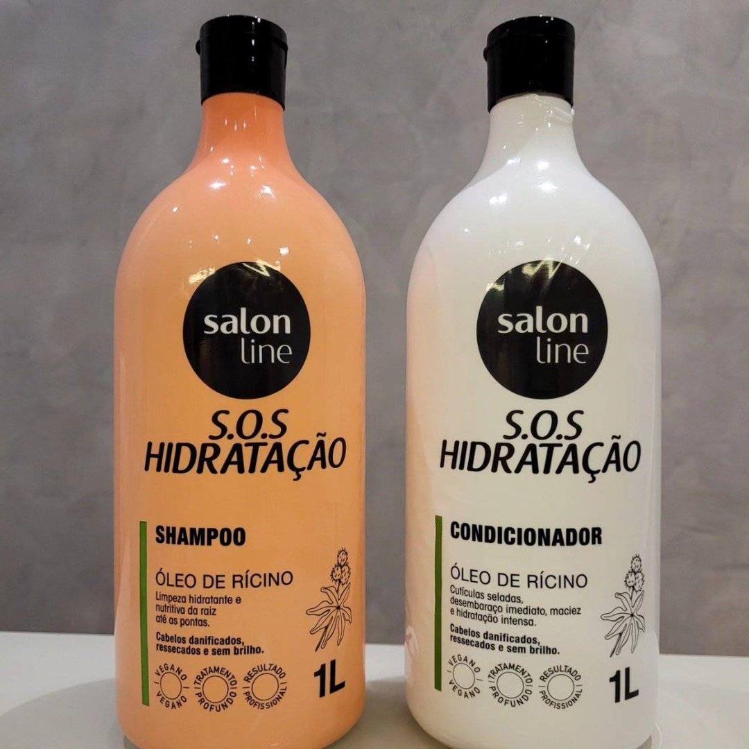 Salon Line, Kit Shampoo e Condicionador, SOS Hidratação, Óleo de Rícino, Vegano -1 L cada