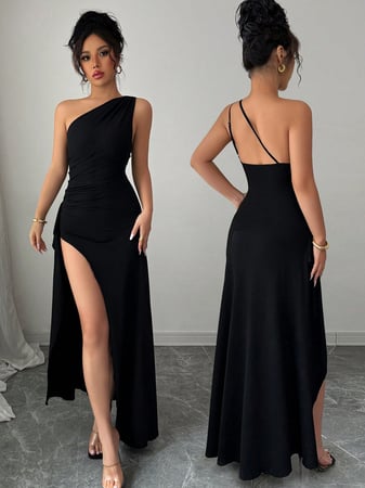 Selianne Novo Vestido Preto Sexy Assimétrico de Ombro Plissado com Recorte e Fenda Alta, A...