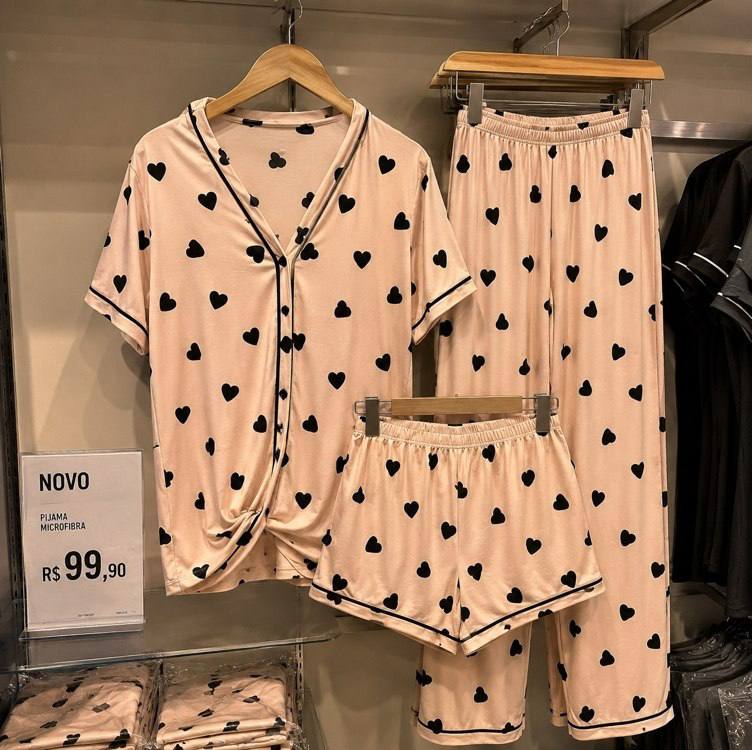 Kit Pijama Americano 3 Peças Camisa Botões + Calça + Short