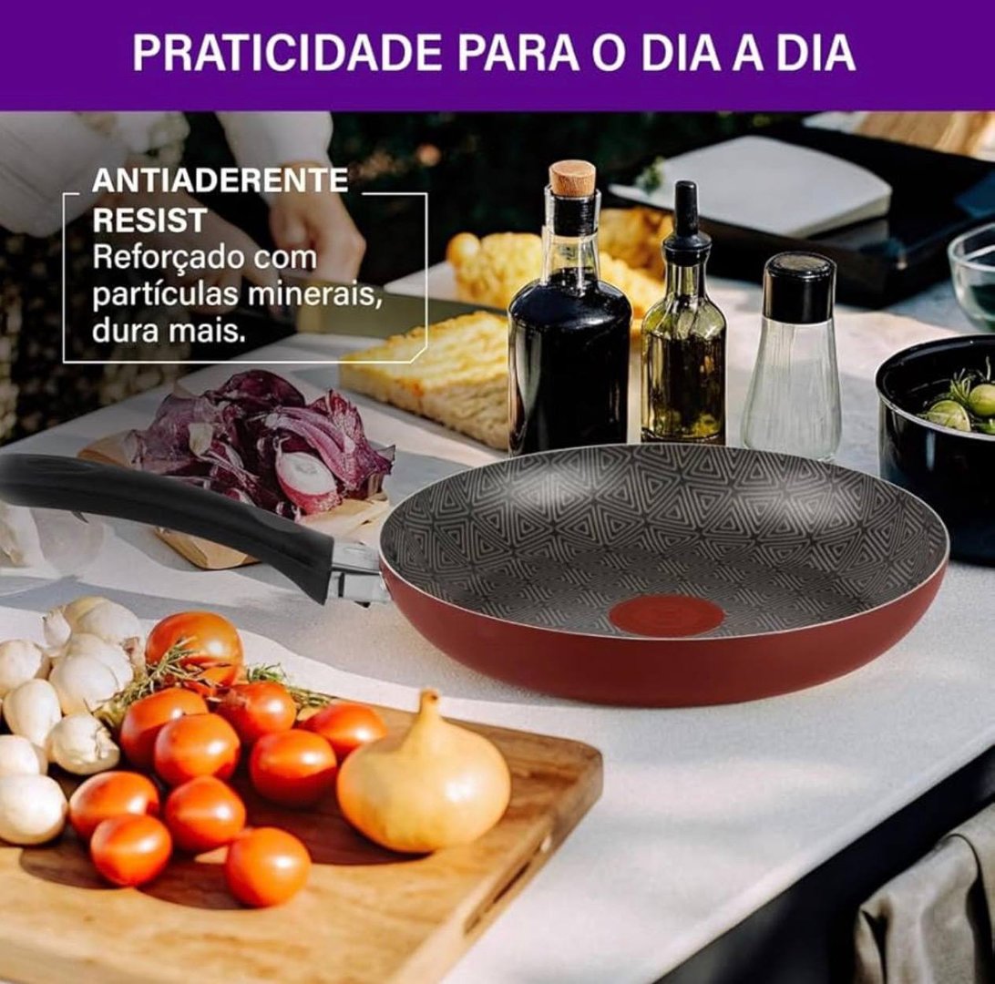 Frigideira Rochedo Facilita Vermelho 24cm com Antiaderente Resist - Limpa Fácil e Dura Mais, reforçado com partículas minerais, Thermo-Sinal e Cabos Reforçados