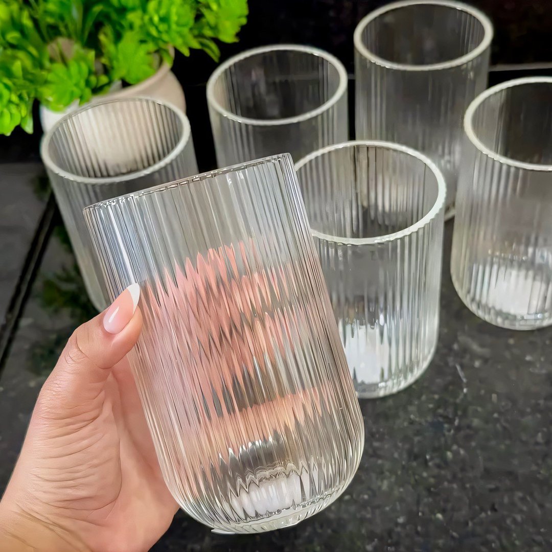 Jogo 6 Copos Vidro Canelado 423ml Moderno Elegante Premium Vinho Água Suco Drinks Gin Whisky Jogo Copos Taça Copo Conjunto Design Luxo Texturizado Cozinha Restaurante Decoração Hold On