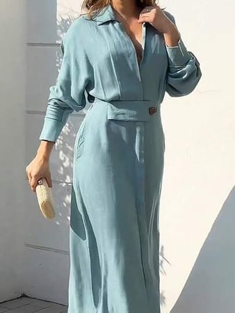 Vestido de manga comprida das mulheres, vestido longo da lapela da cor sólida