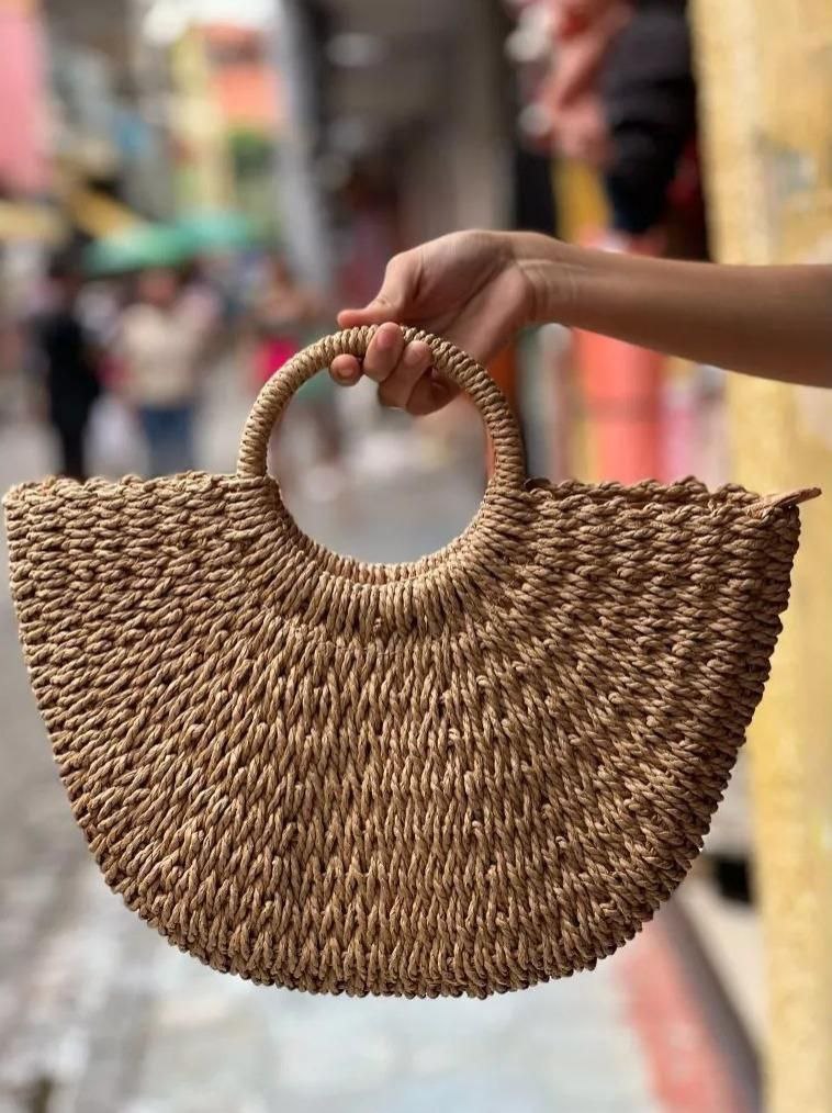 Bolsa Palha Artesanal Meia Lua Grande - Moda Casual Praia De Mão Verão