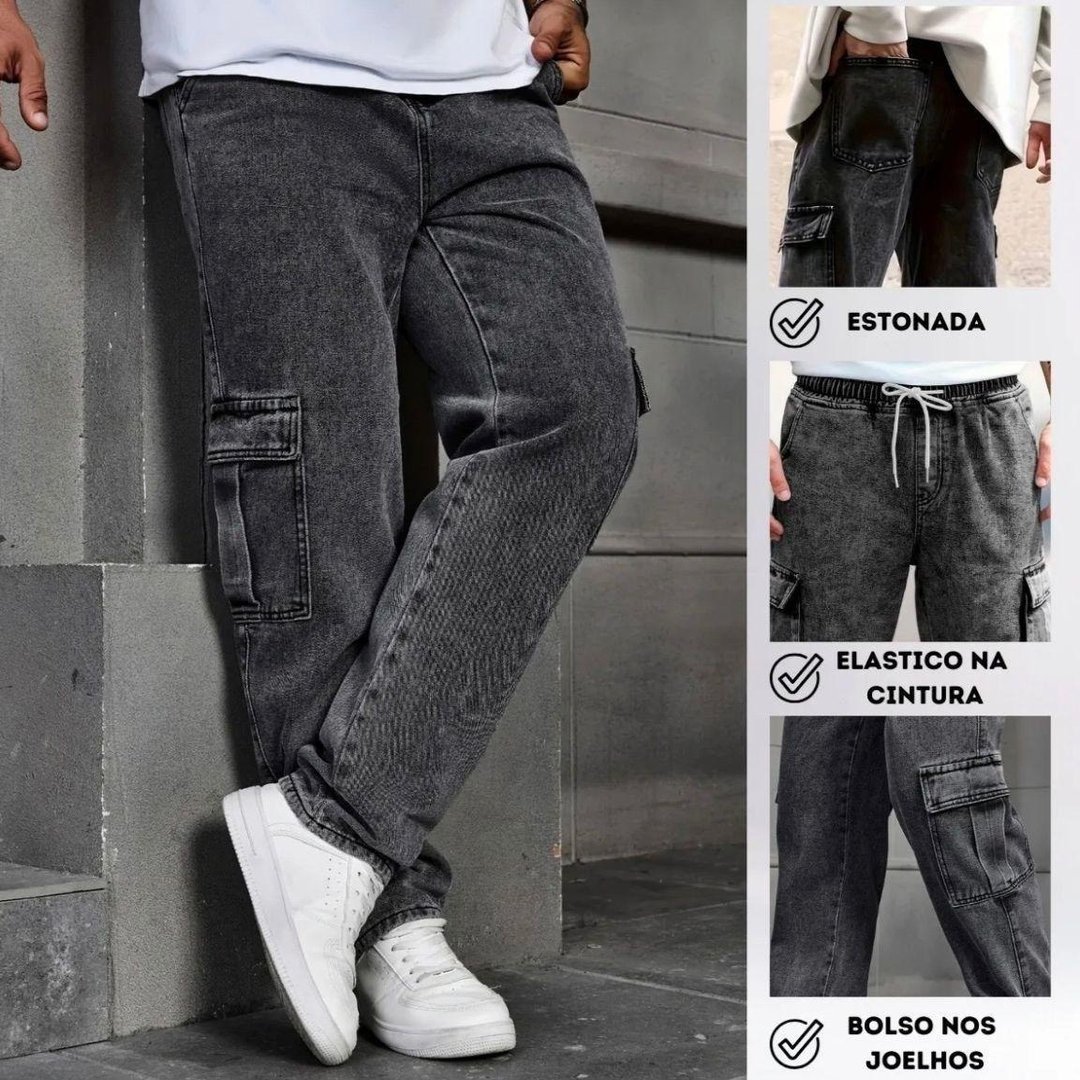 Calça Cargo Masculina Jeans Cós De Elástico Streetwear Larga