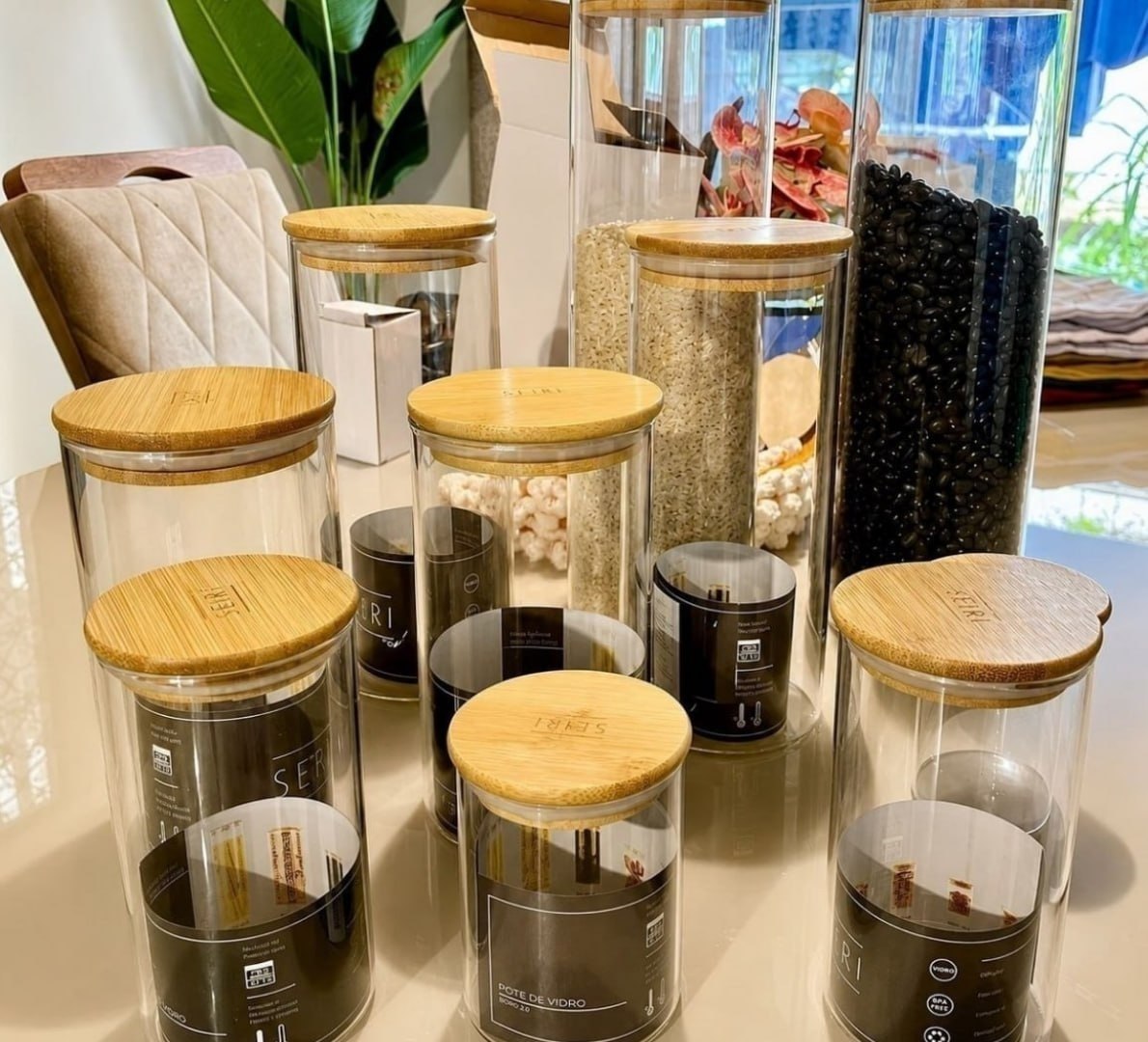 Kit 10 Potes Herméticos Vidro Tampa Bambu Seiri Para Mantimentos Cozinha