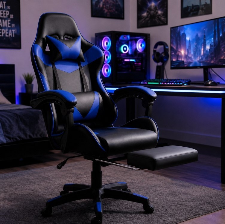 Cadeira Escritório Gamer Ergonômica Reclinável Com Apoio dos Pés Em Couro Azul Led Tools