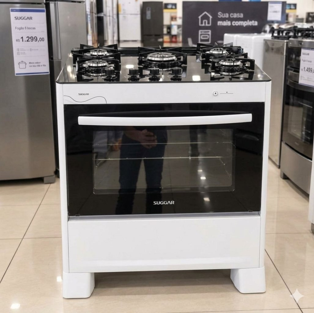 SUGGAR FOGÃO NEO GLASS BRANCO MESA DE VIDRO 5 BOCAS TREMPE 6 APOIOS ACENDIMENTO AUTOMÁTICO FGVNG510BR
