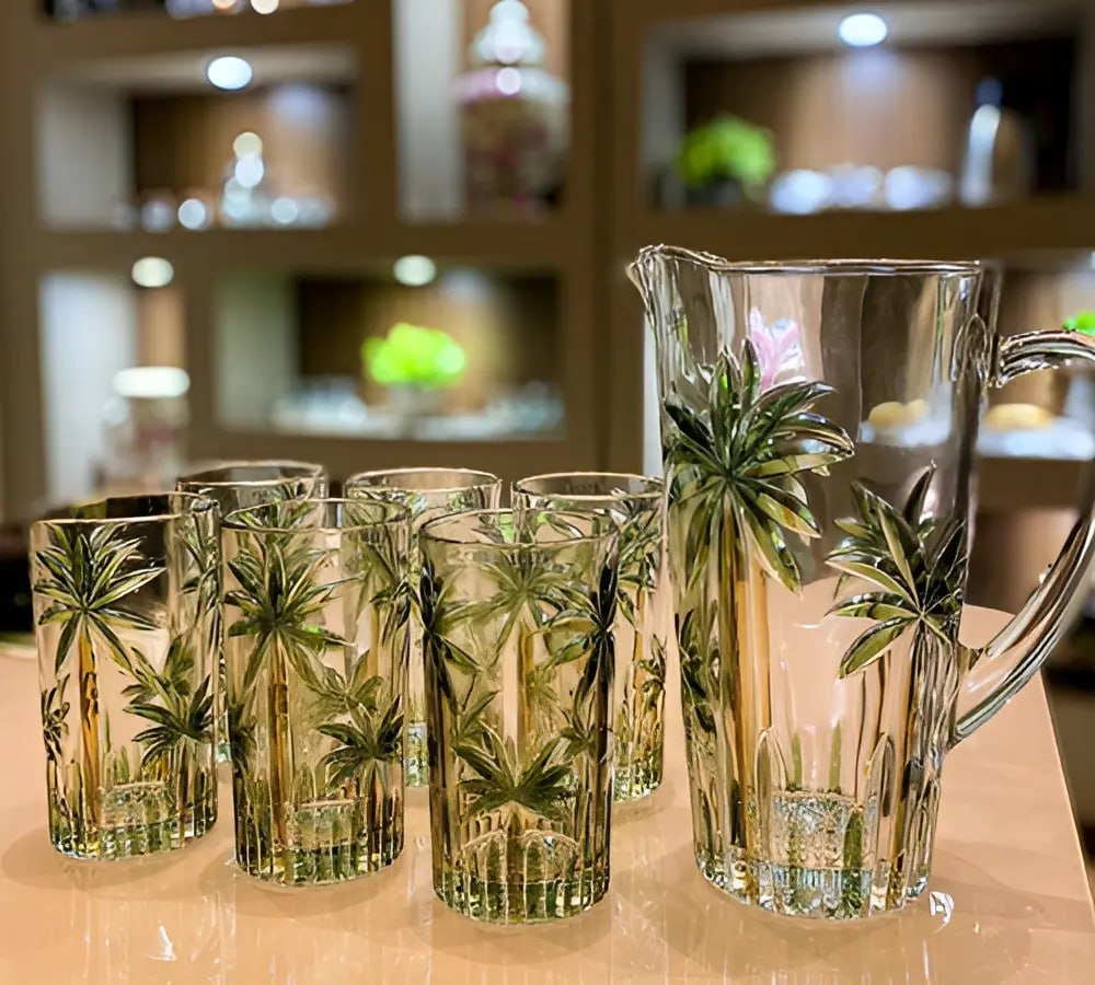 Conjunto Jarra Com 6 Copos Cristal Palm Tree Handpaint Wolff Coqueiros